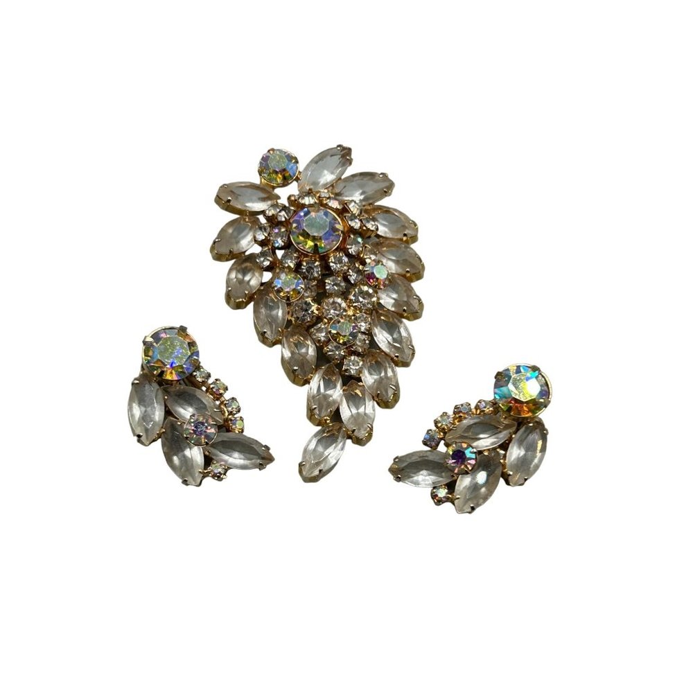 Vintage Rhinestones Brooch & Clip On Earrings Set Clear Stones AB Stones Finish